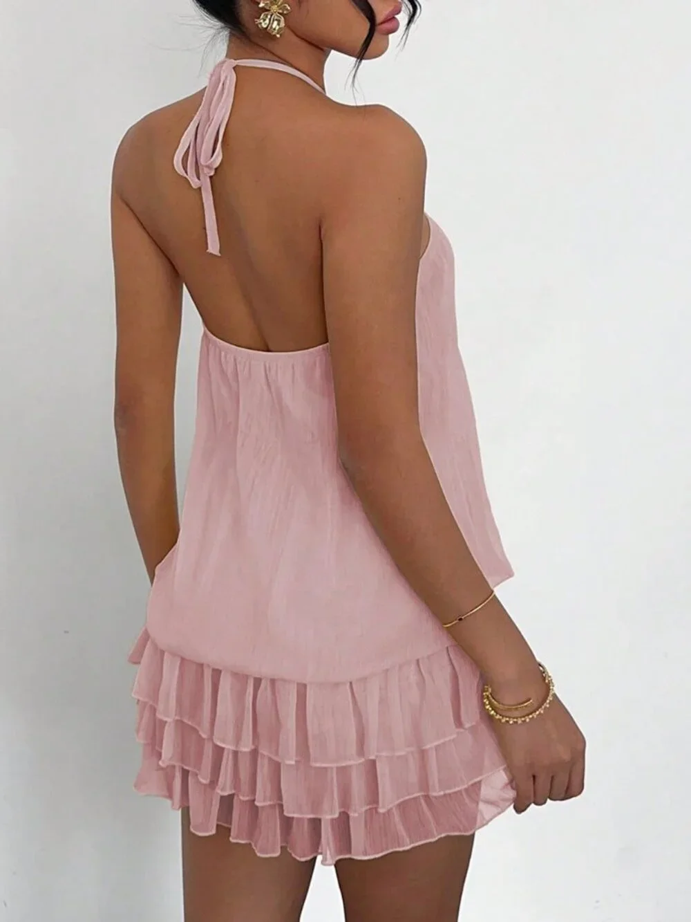 Baby Pink Casual Women's Low-Waist Backless Ruffle Hem Mini Dress - Picture 2 of 8